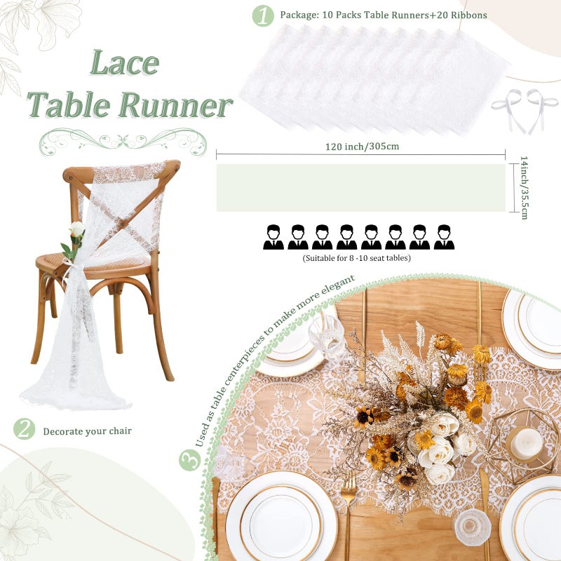 B.Cool B-COOL 10 Pack Lace Table Runner White Fall Table Runners Wedding Table Decorations 14 x 120 Inch Vintage Sheer Lace Fabric Rustic Farmhouse Thanksgiving Party Decor - Image 4